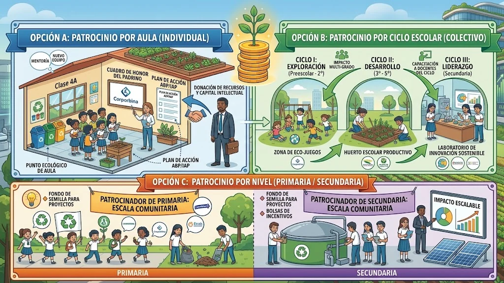 Infografía de opciones de patrocinio: por aula, por ciclo escolar y por nivel