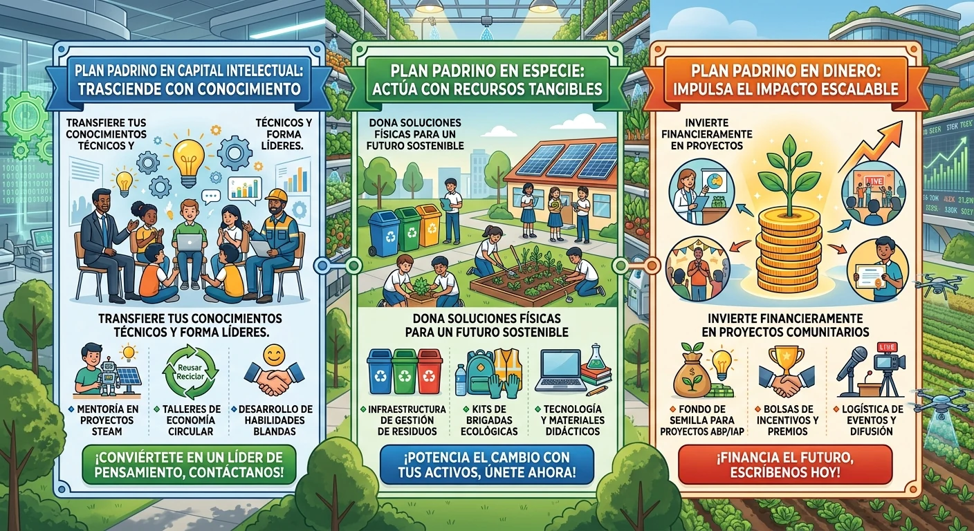 Infografía del Plan Padrino: capital intelectual, aportes en especie y aportes en dinero